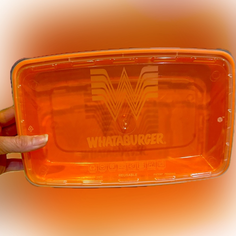 WHATABURGER REUSABLE STORAGE CONTAINER FOOD SALAD WINGS MISC ORANGE CLEAR 10”x6”